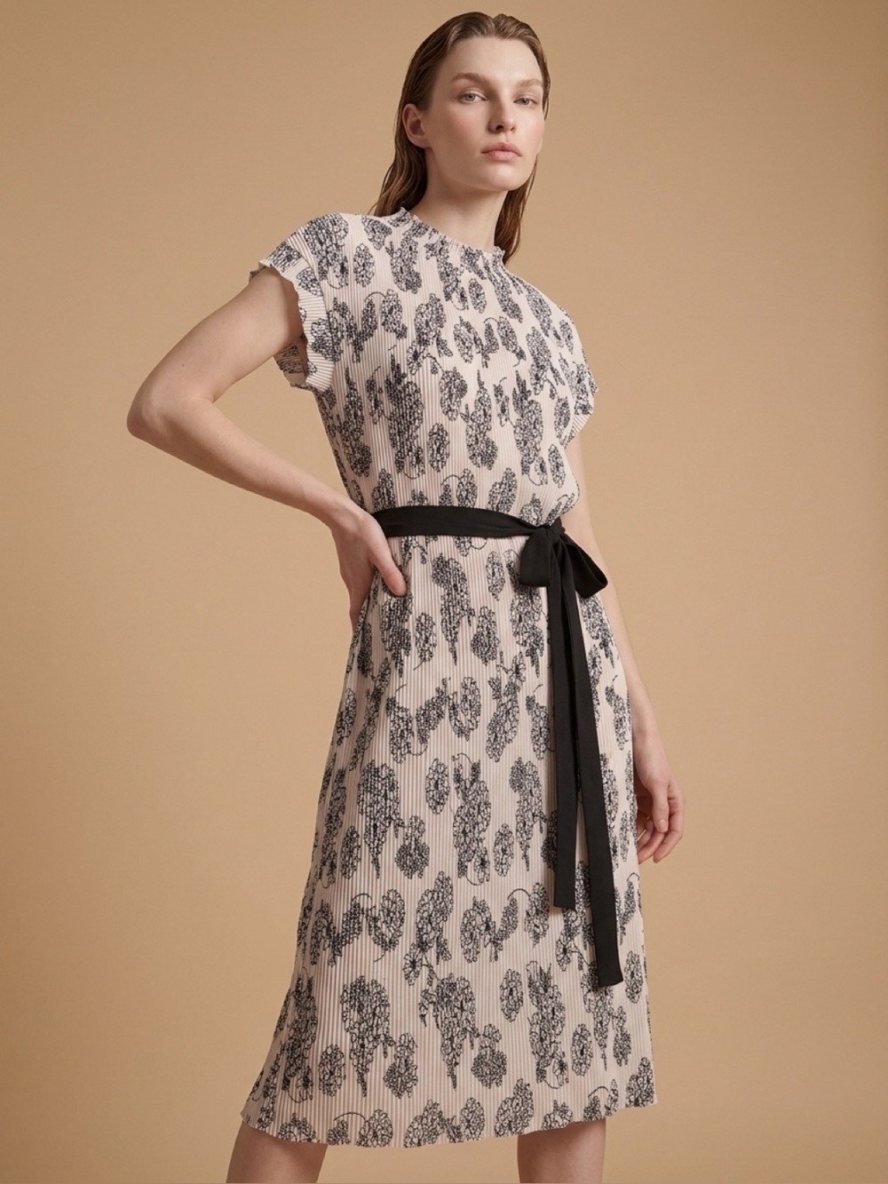 Monteau Cream Midi Dress with Black Floral Print & Tie Waist